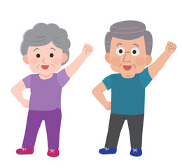 運動する元気な高齢者の男性女性　イラスト