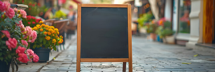 Signboard on the street. Empty menu board stand. Restaurant sidewalk chalkboard sign board. Freestanding A-frame blackboard near flower shop ur cafe.