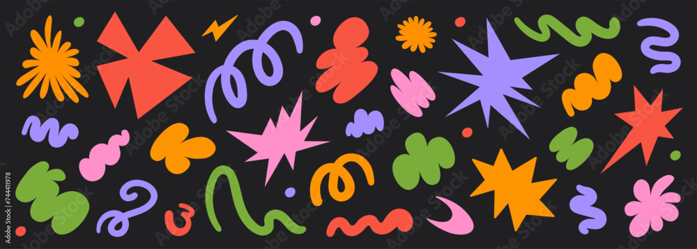 Poster abstract set colorful retro groovy shapes on a black background. trendy geometric cosmic starburst f
