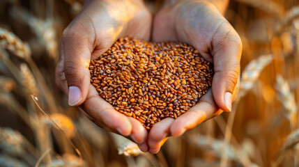 Close-up of hands cradling a heart-shaped collection of wheat grains in a sunlit field.