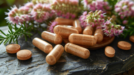 Herbal capsules and tablets with fresh blooming flowers on a rustic surface, symbolizing natural health remedies. - obrazy, fototapety, plakaty