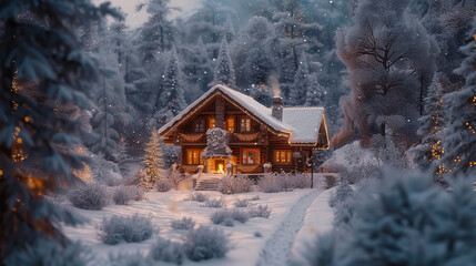 Elevate your Valentine's Day with a hyper-realistic winter wonderland, complete with snow-covered trees, a charming cabin, and a cozy fireplace setting.