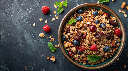 Top view of a bowl of homemade granola mixed with nuts, dried fruits, and fresh berries on a dark...