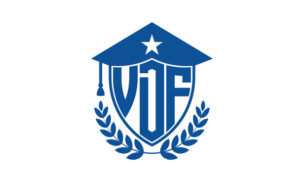 VDF three letter iconic academic logo design vector template. monogram, abstract, school, college, university, graduation cap symbol logo, shield, model, institute, educational, coaching canter, tech