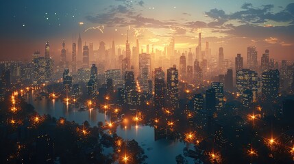 futuristic city skyline illuminated by the soft glow of solar-powered streetlights, a vision of sustainable urban living