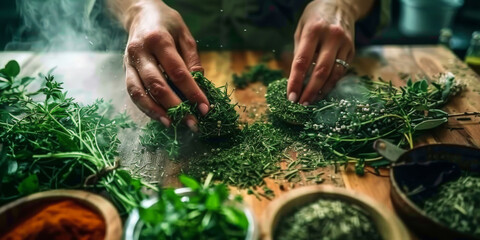 close up of hand a woman has mixed up herbs and spices,  - obrazy, fototapety, plakaty