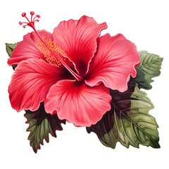 Bright large red hibiscus flower and leaf isolated on white transparent background - obrazy, fototapety, plakaty
