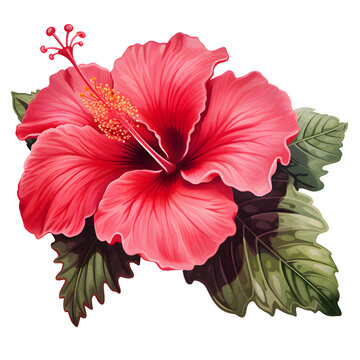 Bright large red hibiscus flower and leaf isolated on white transparent background