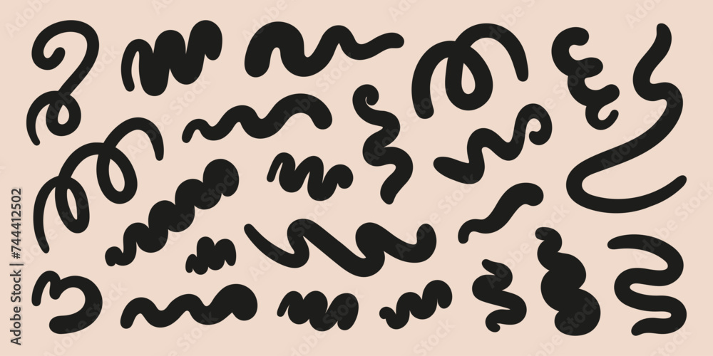 Poster abstract set black wavy retro groovy shapes on a beige background. vector illustration in style 90s,