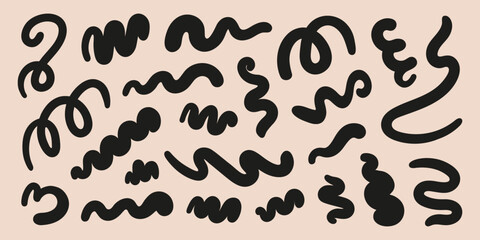 Abstract set black wavy retro groovy shapes on a beige background. Vector illustration in style 90s, 00s