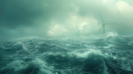 Offshore wind turbines standing strong amidst the gentle waves, a testament to renewable energy's potential - obrazy, fototapety, plakaty