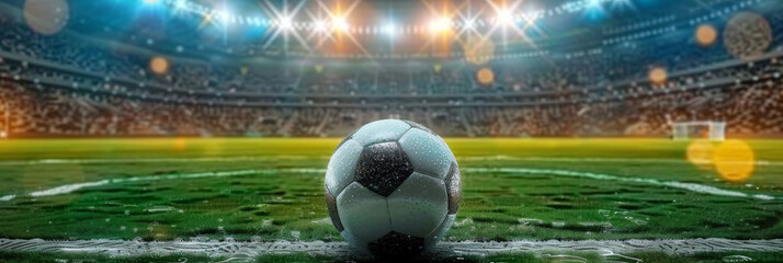 a soccer ball on the field of a big stadium,