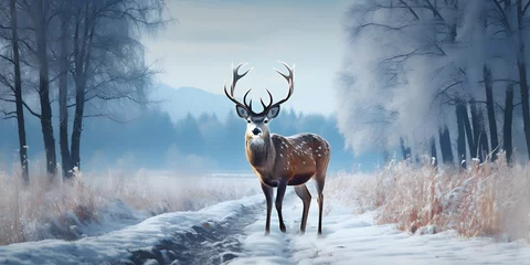 Crédence de cuisine en verre imprimé Antilope Deer Standing on a Snowy Road. Noble Deer with Winter Landscape