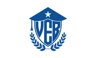 VEB three letter iconic academic logo design vector template. monogram, abstract, school, college, university, graduation cap symbol logo, shield, model, institute, educational, coaching canter, tech