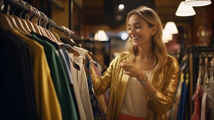  cheerful woman browsing through racks of clothes in a vibrant boutique, smiling with excitement as she discovers fashionable items
