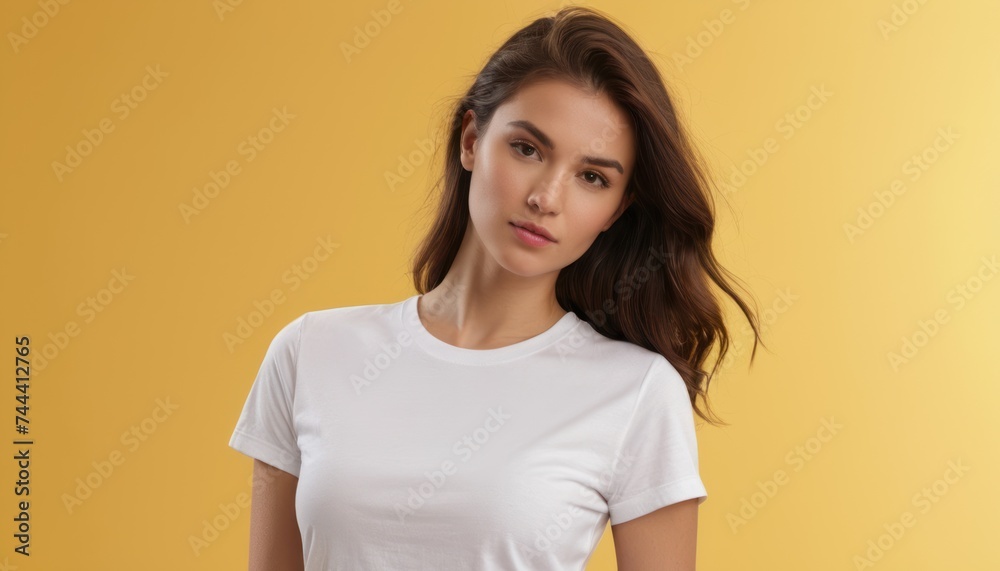 Wall mural Young woman in white shirt mockup on yellow background.