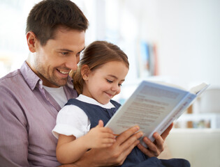 Father, kid with book for reading and knowledge, happy with bonding at home and storytelling for education. Man, young girl and story time for studying and learn with love and care together in lounge