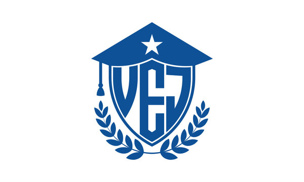 VEJ three letter iconic academic logo design vector template. monogram, abstract, school, college, university, graduation cap symbol logo, shield, model, institute, educational, coaching canter, tech