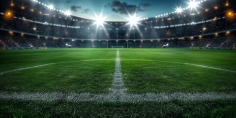 empty soccer field stadium at night with a line and light - obrazy, fototapety, plakaty