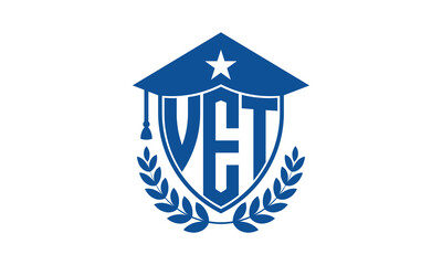 VET three letter iconic academic logo design vector template. monogram, abstract, school, college, university, graduation cap symbol logo, shield, model, institute, educational, coaching canter, tech