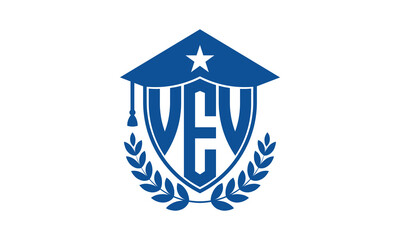 VEV three letter iconic academic logo design vector template. monogram, abstract, school, college, university, graduation cap symbol logo, shield, model, institute, educational, coaching canter, tech