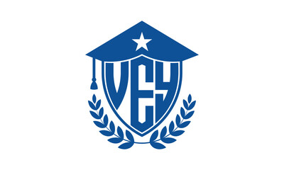 VEY three letter iconic academic logo design vector template. monogram, abstract, school, college, university, graduation cap symbol logo, shield, model, institute, educational, coaching canter, tech