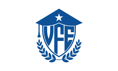 VFE three letter iconic academic logo design vector template. monogram, abstract, school, college, university, graduation cap symbol logo, shield, model, institute, educational, coaching canter, tech