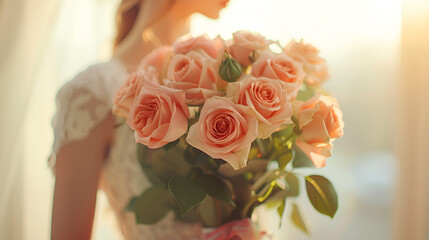 Woman holding a bouquet of beautiful roses on light background, creating a serene ambiance, perfect for expressing love and admiration, Generative Ai.

