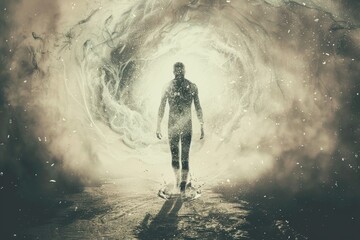Figure moves towards luminous abyss, embodying journey to the unknown - obrazy, fototapety, plakaty