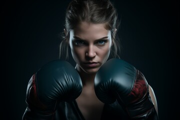 Confident young woman in boxing gloves, fierce attitude, dark backdrop