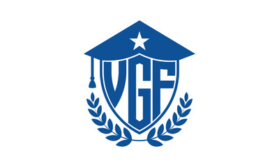 VGF three letter iconic academic logo design vector template. monogram, abstract, school, college, university, graduation cap symbol logo, shield, model, institute, educational, coaching canter, tech