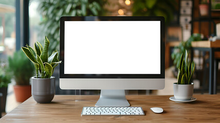 Workplace Concept Mock-up with Blank Screen Computer Desk, Generative AI - Enhance your office ambiance with this modern mock-up setting, ideal for showcasing your digital creations.

