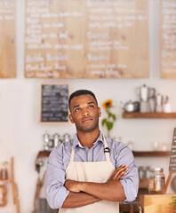 Cafe shop, black person and entrepreneur thinking of small business as barista, professional and...