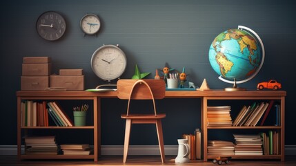 Back to school. Children's bedroom with a wooden desk, books,  - obrazy, fototapety, plakaty