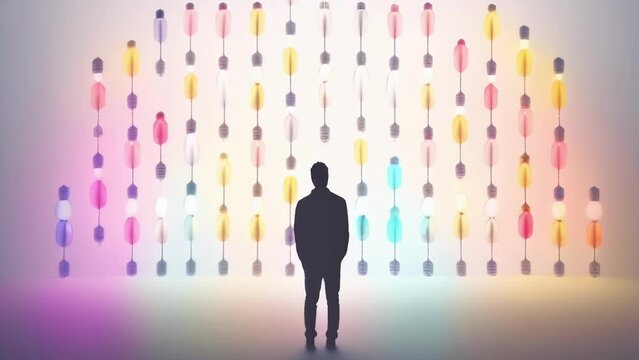 A person standing in a room filled with colored lightbulbs each representing a different emotion and thought Psychology art concept. .