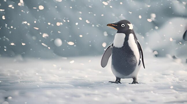 Penguin standing among snow field. Winter season animal and nature concept