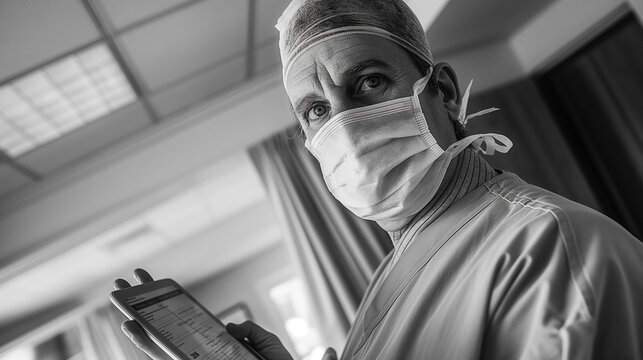 A black and white photo of a healthcare worker in surgical attire holding a smartphone, looking at the camera.
