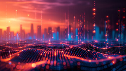 Smart city infrastructure and abstract dot points connect with gradient, facilitating urban growth and innovation, powered by Generative AI.

 - obrazy, fototapety, plakaty