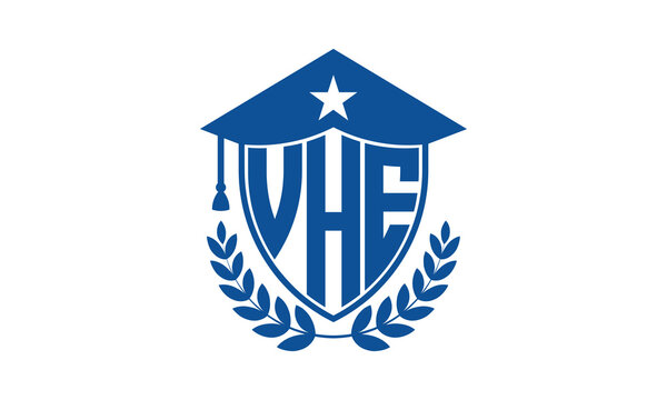 VHE three letter iconic academic logo design vector template. monogram, abstract, school, college, university, graduation cap symbol logo, shield, model, institute, educational, coaching canter, tech