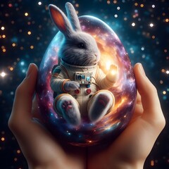 A galaxy-themed Easter egg, with swirling nebulas and twinkling stars, cradled in the arms of a gentle astronaut bunny - obrazy, fototapety, plakaty
