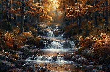 Waterfall in autumn, Dark forest image. Created with Ai