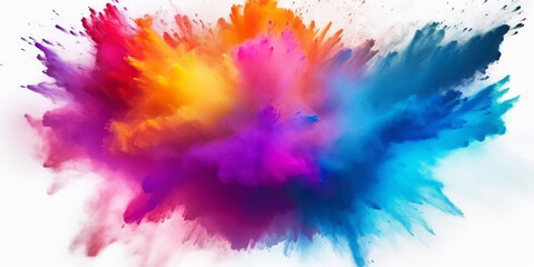 Explosion of colorful powder on white background. rainbow explosion explode burst isolated splatter abstract,Colorful rainbow holi powder splash, smoke or fog particles explosive special effect