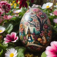 A whimsical Easter egg nestled in a bed of spring flowers, with patterns that tell the story of Alice in Wonderland,
