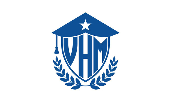 VHM three letter iconic academic logo design vector template. monogram, abstract, school, college, university, graduation cap symbol logo, shield, model, institute, educational, coaching canter, tech