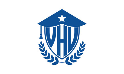 VHU three letter iconic academic logo design vector template. monogram, abstract, school, college, university, graduation cap symbol logo, shield, model, institute, educational, coaching canter, tech