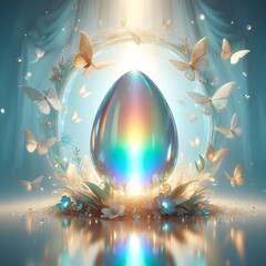 A crystal Easter egg that refracts light into a rainbow, surrounded by a halo of ethereal butterflies. Abstract easter eggs in celebration of easter - obrazy, fototapety, plakaty