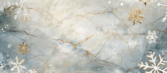 Elegant marble background decorated with luxurious gold and silver snowflakes for winter design