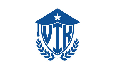 VIK three letter iconic academic logo design vector template. monogram, abstract, school, college, university, graduation cap symbol logo, shield, model, institute, educational, coaching canter, tech