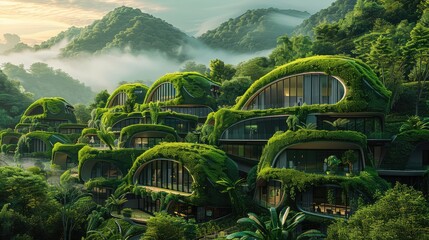 Lush green landscapes dotted with renewable energy infrastructure, eco-friendly architecture, and communities thriving in harmony with nature