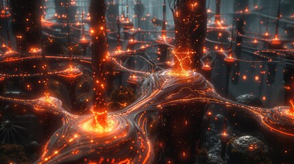 A surreal depiction of a city powered by artificial intelligence, with glowing neural pathways crisscrossing between futuristic buildings - obrazy, fototapety, plakaty